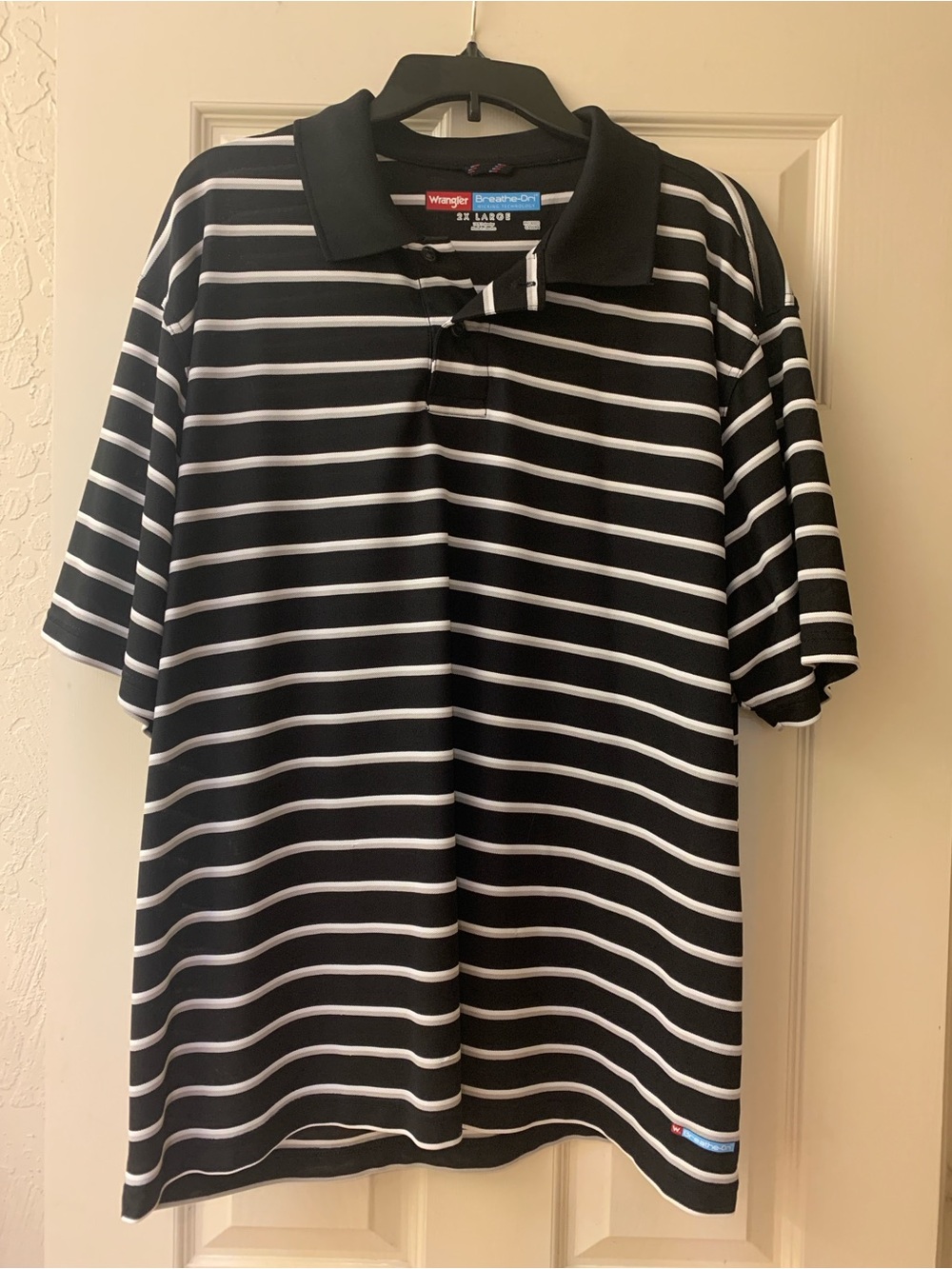 Wrangler Black, White, and Tan Striped Men’s Polo